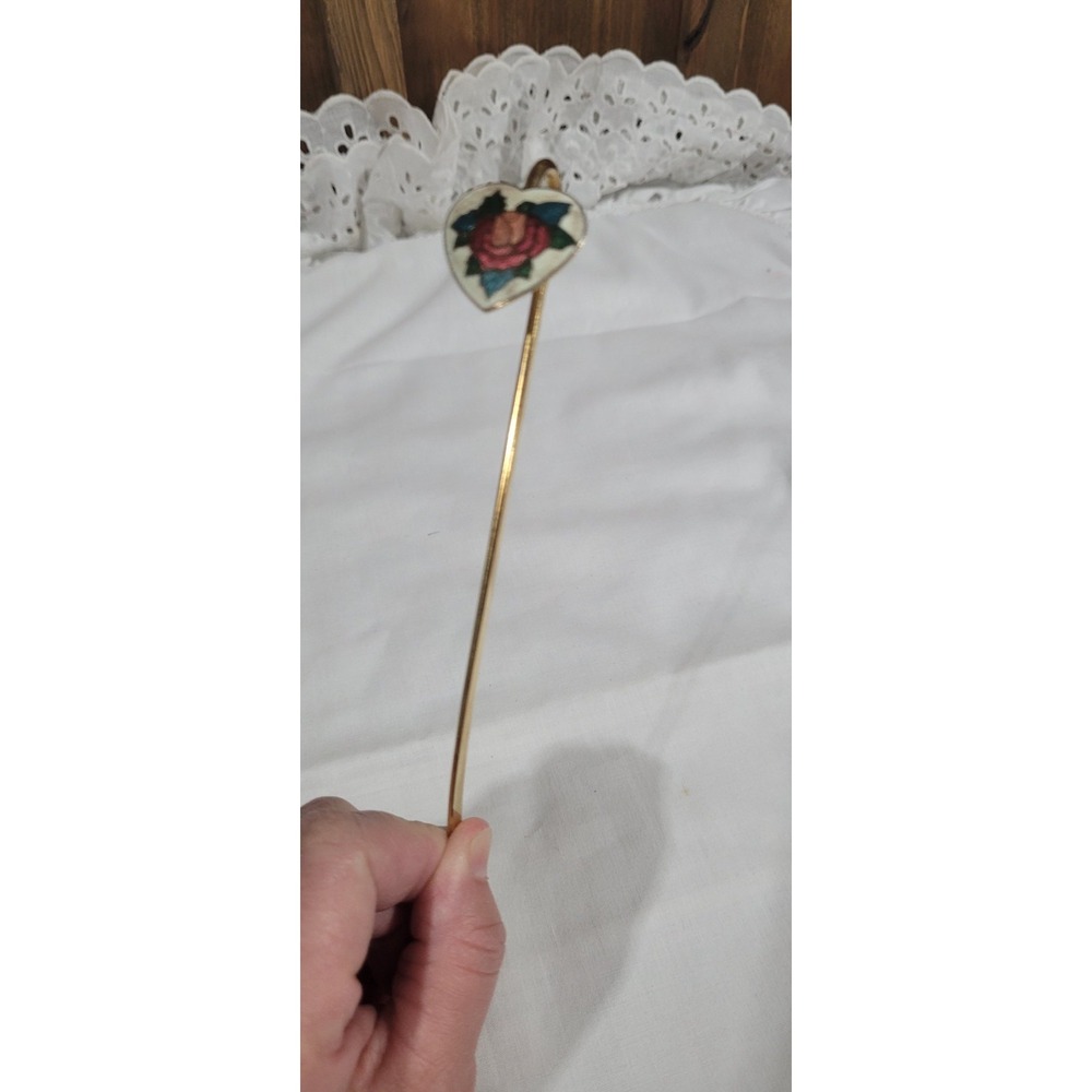 Vintage Cloisonné Heart  Floral Bookmark Gold Tone 6" Unsigned